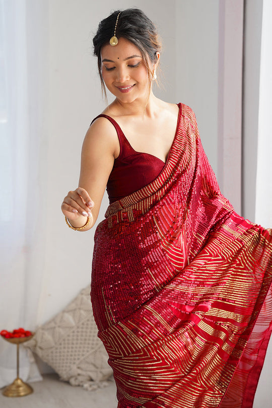 Maroon Soft Georgette Sequins Embroidery Work Saree With Blouse Piece