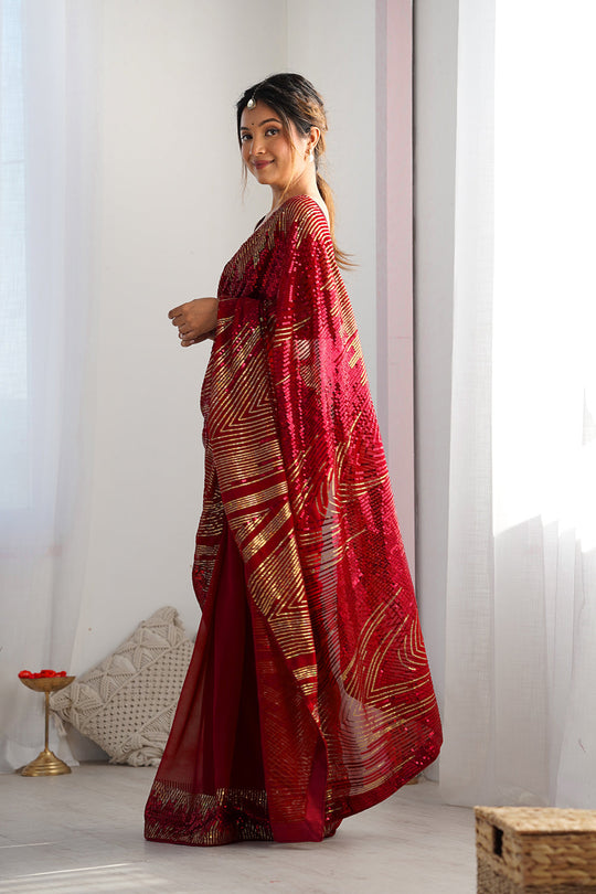 Maroon Soft Georgette Sequins Embroidery Work Saree With Blouse Piece