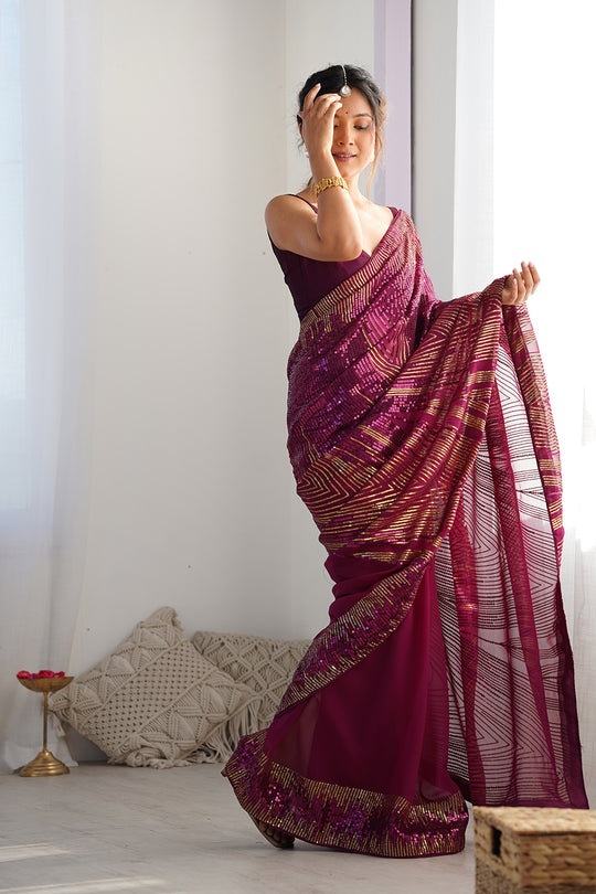 Wine Soft Georgette Sequins Embroidery Work Saree With Blouse Piece