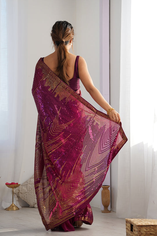 Wine Soft Georgette Sequins Embroidery Work Saree With Blouse Piece