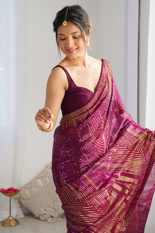 Wine Soft Georgette Sequins Embroidery Work Saree With Blouse Piece