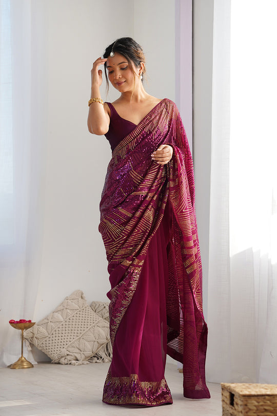 Wine Soft Georgette Sequins Embroidery Work Saree With Blouse Piece