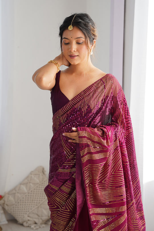 Wine Soft Georgette Sequins Embroidery Work Saree With Blouse Piece