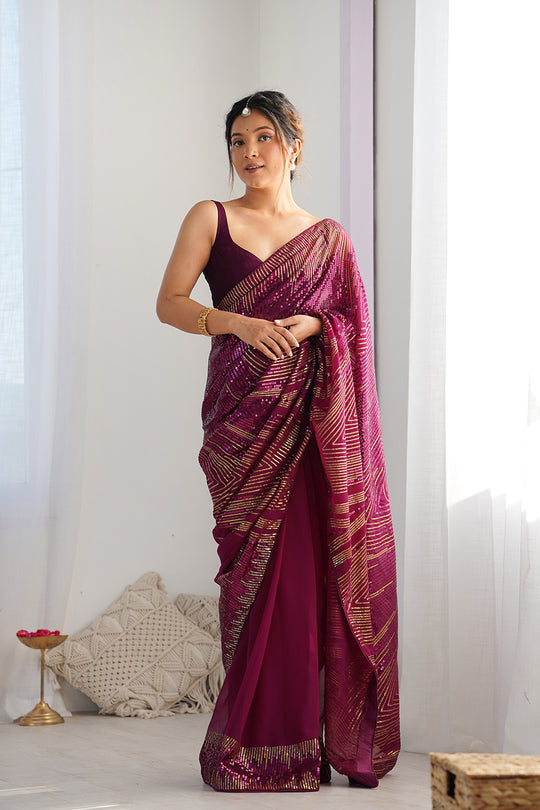 Wine Soft Georgette Sequins Embroidery Work Saree With Blouse Piece