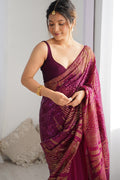 Wine Soft Georgette Sequins Embroidery Work Saree With Blouse Piece