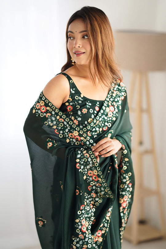 Green Satin Chifon Sequins Embroidery Work With Cut Work Border Saree With Blouse Piece