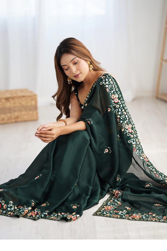 Green Satin Chifon Sequins Embroidery Work With Cut Work Border Saree With Blouse Piece