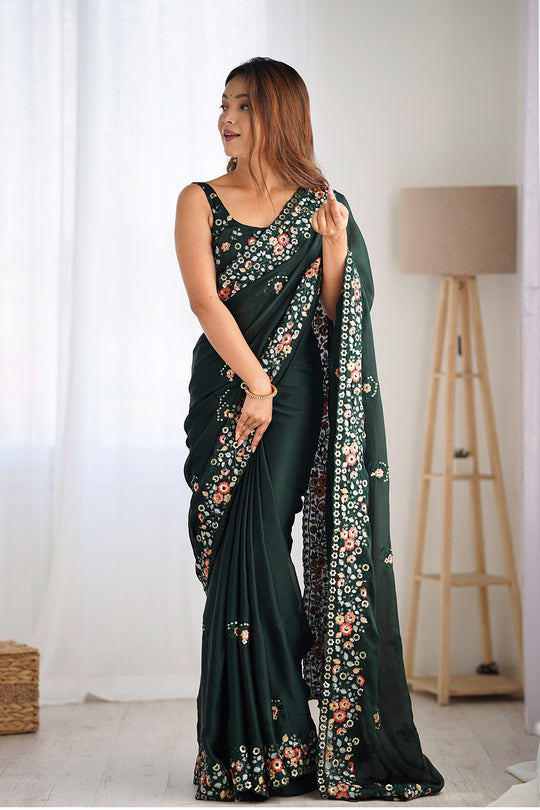 Green Satin Chifon Sequins Embroidery Work With Cut Work Border Saree With Blouse Piece