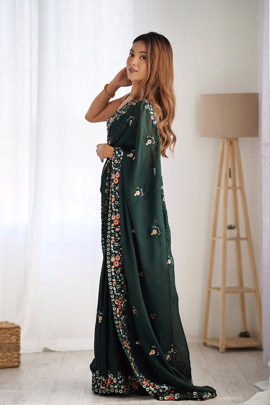 Green Satin Chifon Sequins Embroidery Work With Cut Work Border Saree With Blouse Piece