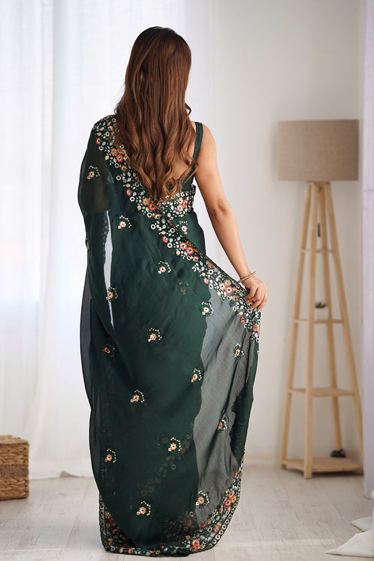 Green Satin Chifon Sequins Embroidery Work With Cut Work Border Saree With Blouse Piece