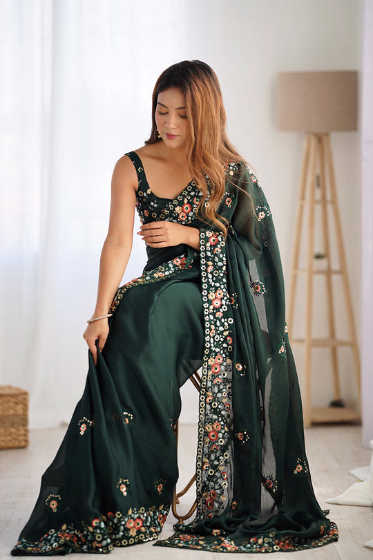 Green Satin Chifon Sequins Embroidery Work With Cut Work Border Saree With Blouse Piece