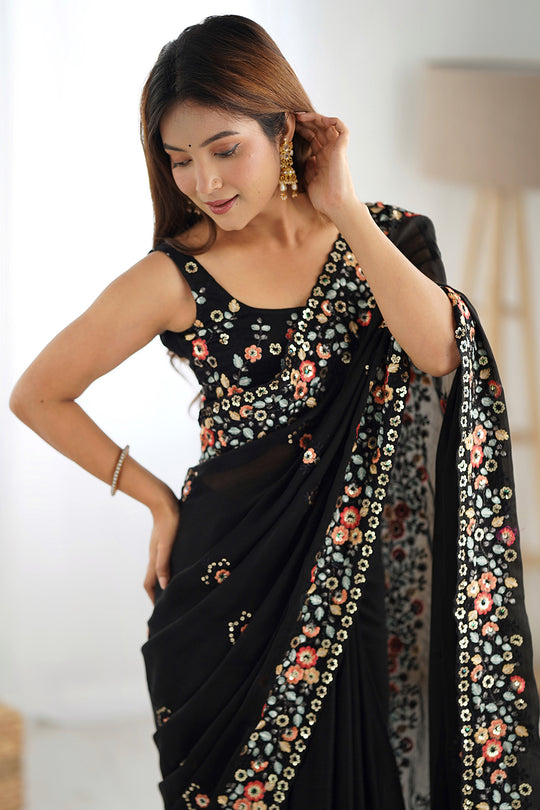 Black Satin Chifon Sequins Embroidery Work With Cut Work Border Saree With Blouse Piece