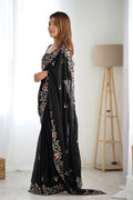 Black Satin Chifon Sequins Embroidery Work With Cut Work Border Saree With Blouse Piece