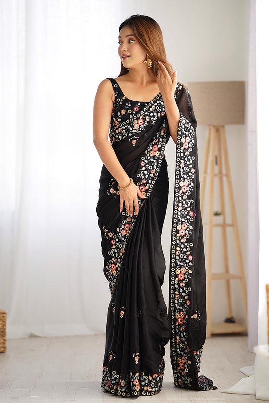 Black Satin Chifon Sequins Embroidery Work With Cut Work Border Saree With Blouse Piece