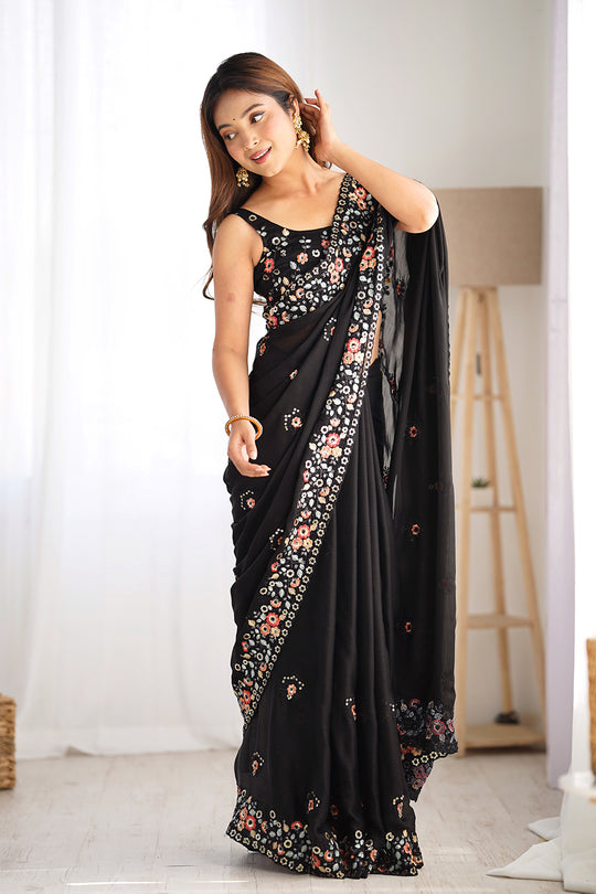 Black Satin Chifon Sequins Embroidery Work With Cut Work Border Saree With Blouse Piece