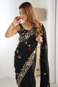 Black Satin Chifon Sequins Embroidery Work With Cut Work Border Saree With Blouse Piece