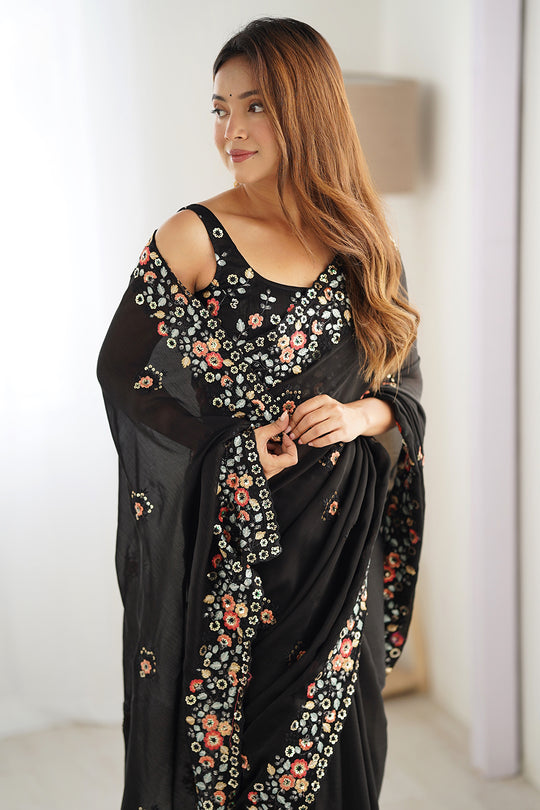 Black Satin Chifon Sequins Embroidery Work With Cut Work Border Saree With Blouse Piece