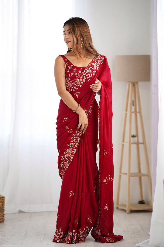 Red Satin Chifon Sequins Embroidery Work With Cut Work Border Saree With Blouse Piece