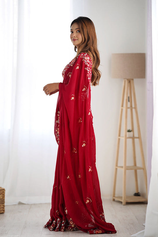 Red Satin Chifon Sequins Embroidery Work With Cut Work Border Saree With Blouse Piece