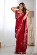 Red Satin Chifon Sequins Embroidery Work With Cut Work Border Saree With Blouse Piece