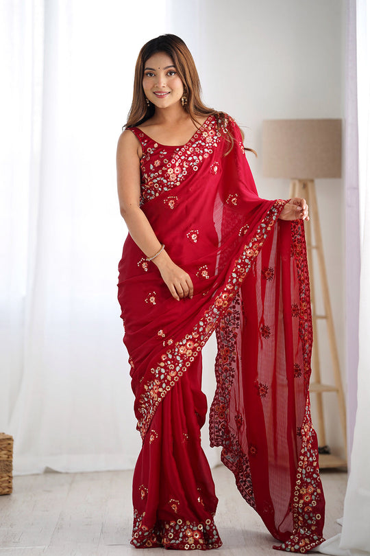Red Satin Chifon Sequins Embroidery Work With Cut Work Border Saree With Blouse Piece