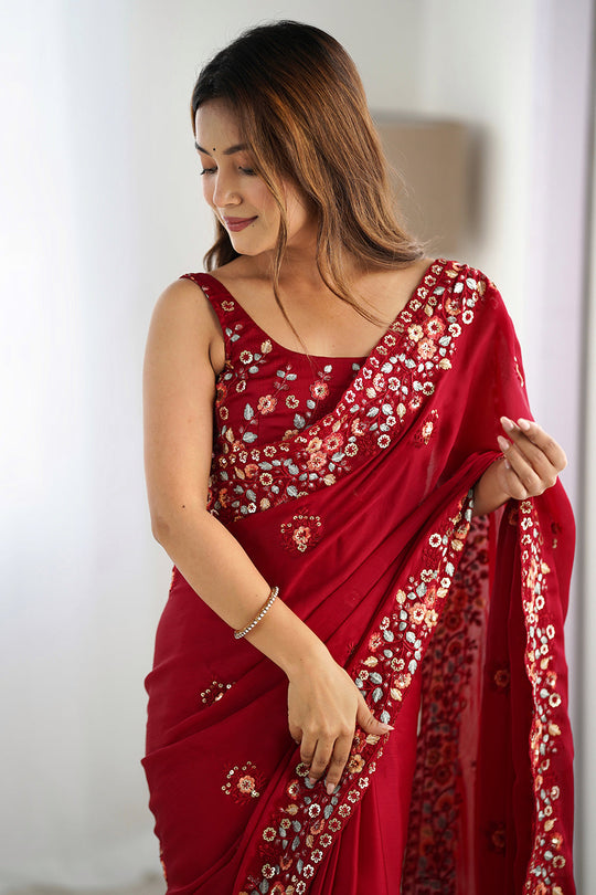 Red Satin Chifon Sequins Embroidery Work With Cut Work Border Saree With Blouse Piece