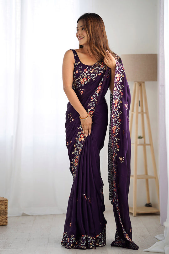 Purple Satin Chifon Sequins Embroidery Work With Cut Work Border Saree With Blouse Piece
