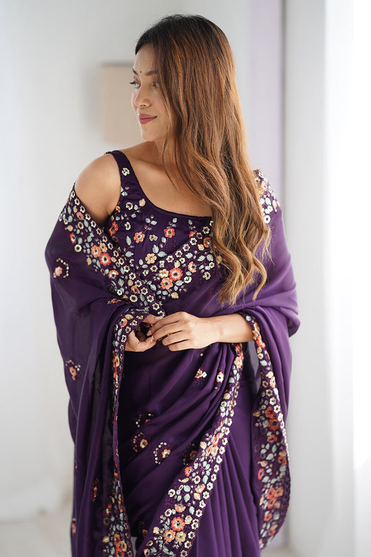 Purple Satin Chifon Sequins Embroidery Work With Cut Work Border Saree With Blouse Piece