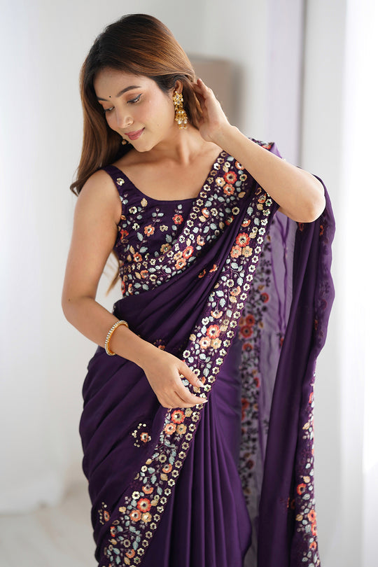 Purple Satin Chifon Sequins Embroidery Work With Cut Work Border Saree With Blouse Piece