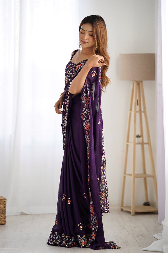 Purple Satin Chifon Sequins Embroidery Work With Cut Work Border Saree With Blouse Piece