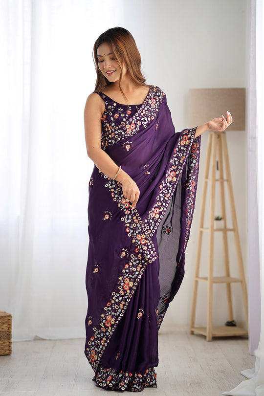 Purple Satin Chifon Sequins Embroidery Work With Cut Work Border Saree With Blouse Piece