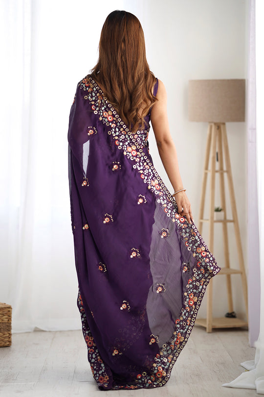 Purple Satin Chifon Sequins Embroidery Work With Cut Work Border Saree With Blouse Piece
