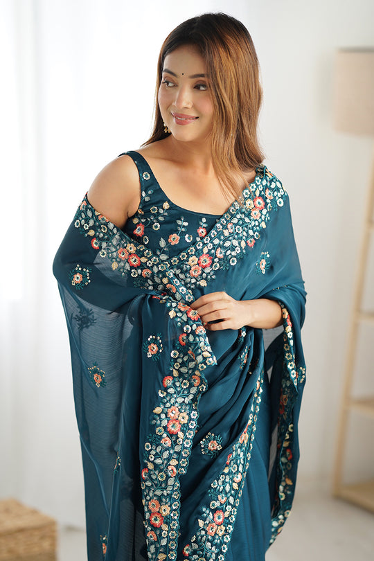 Teal Blue Satin Chifon Sequins Embroidery Work With Cut Work Border Saree With Blouse Piece
