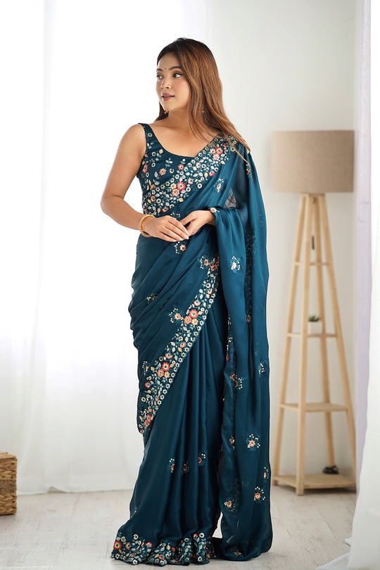 Teal Blue Satin Chifon Sequins Embroidery Work With Cut Work Border Saree With Blouse Piece