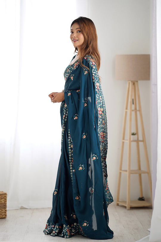 Teal Blue Satin Chifon Sequins Embroidery Work With Cut Work Border Saree With Blouse Piece
