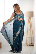 Teal Blue Satin Chifon Sequins Embroidery Work With Cut Work Border Saree With Blouse Piece