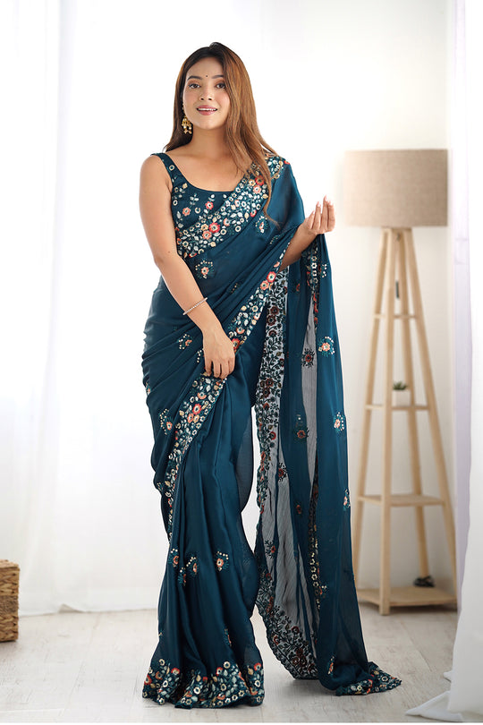 Teal Blue Satin Chifon Sequins Embroidery Work With Cut Work Border Saree With Blouse Piece