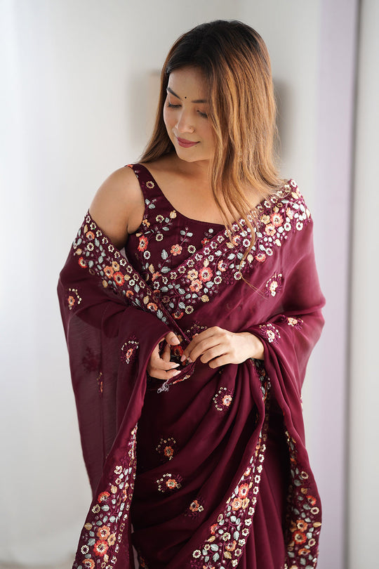 Wine Satin Chifon Sequins Embroidery Work With Cut Work Border Saree With Blouse Piece