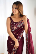 Wine Satin Chifon Sequins Embroidery Work With Cut Work Border Saree With Blouse Piece