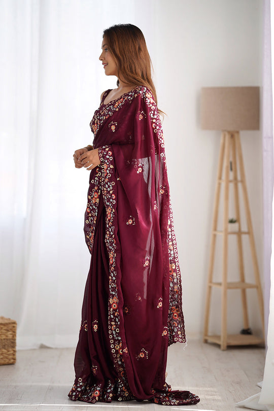 Wine Satin Chifon Sequins Embroidery Work With Cut Work Border Saree With Blouse Piece