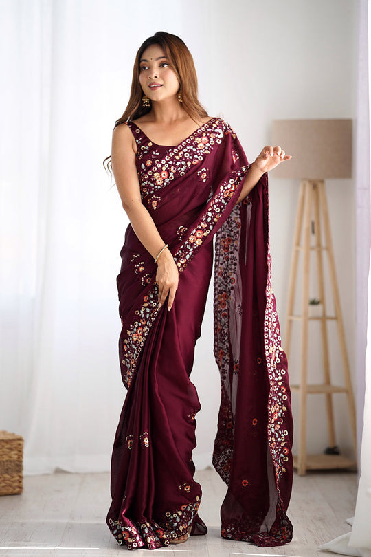 Wine Satin Chifon Sequins Embroidery Work With Cut Work Border Saree With Blouse Piece