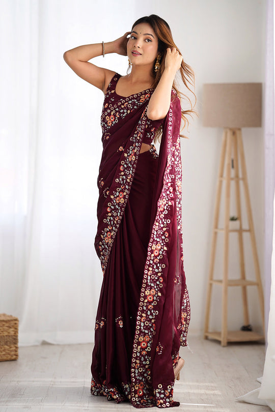 Wine Satin Chifon Sequins Embroidery Work With Cut Work Border Saree With Blouse Piece