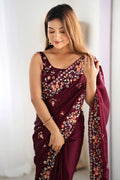 Wine Satin Chifon Sequins Embroidery Work With Cut Work Border Saree With Blouse Piece