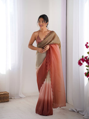 Brown Crunchy Padding Arco Border Lace Saree With Blouse Piece