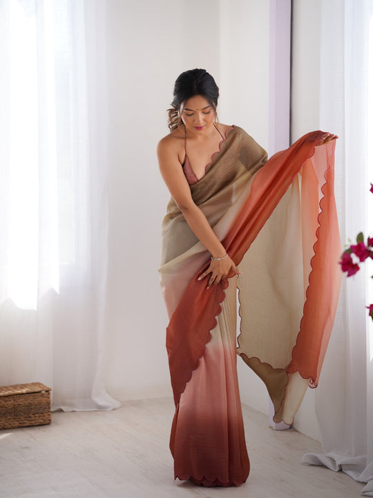 Brown Crunchy Padding Arco Border Lace Saree With Blouse Piece