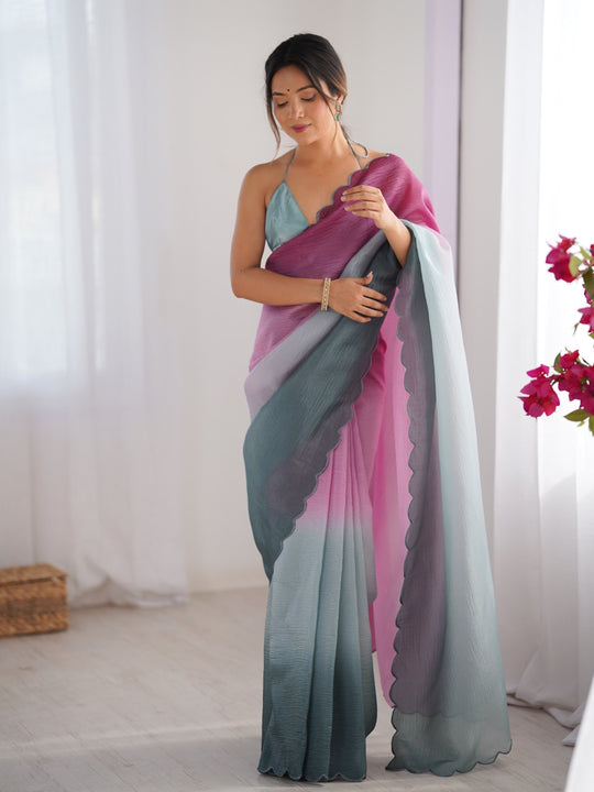 Gray & Pink Crunchy Padding Arco Border Lace Saree With Blouse Piece