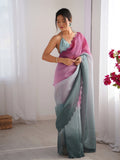 Gray & Pink Crunchy Padding Arco Border Lace Saree With Blouse Piece