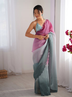Gray & Pink Crunchy Padding Arco Border Lace Saree With Blouse Piece