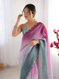 Gray & Pink Crunchy Padding Arco Border Lace Saree With Blouse Piece