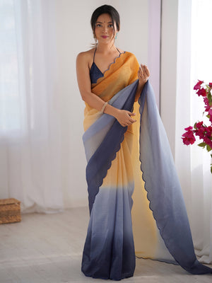 Yellow Crunchy Padding Arco Border Lace Saree With Blouse Piece